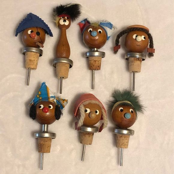 Vintage Teak Character Cork Bottle Stoppers • Set of 7